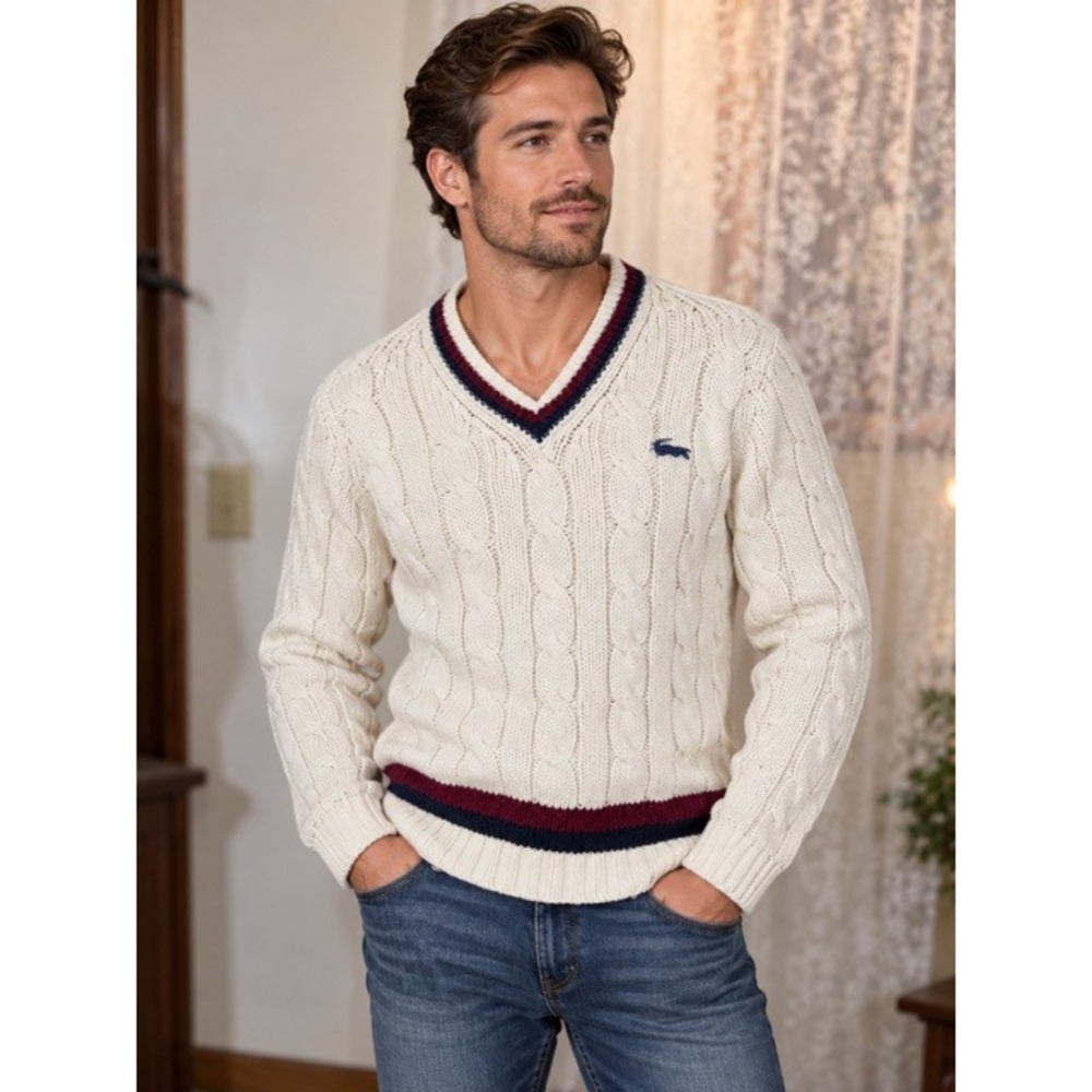Vintage Chemise Lacoste Izod Cable Knit V-Neck Sweater Cream White Navy Burgundy